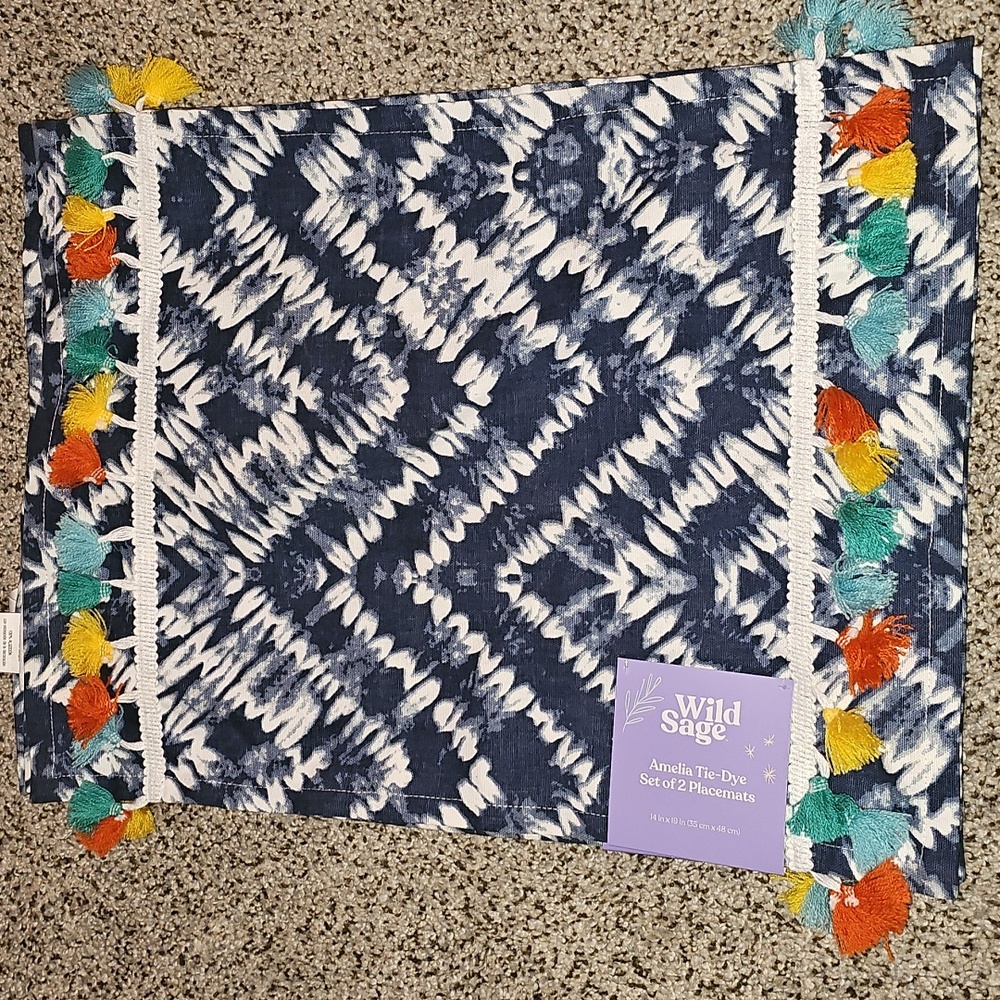 Set Of 4 Wild Sage Placemats Tie Dye Chevron Colorful Tassels
